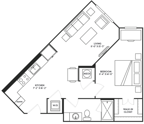 Floor plan for 1 bed, 1 bath, 714 sqft